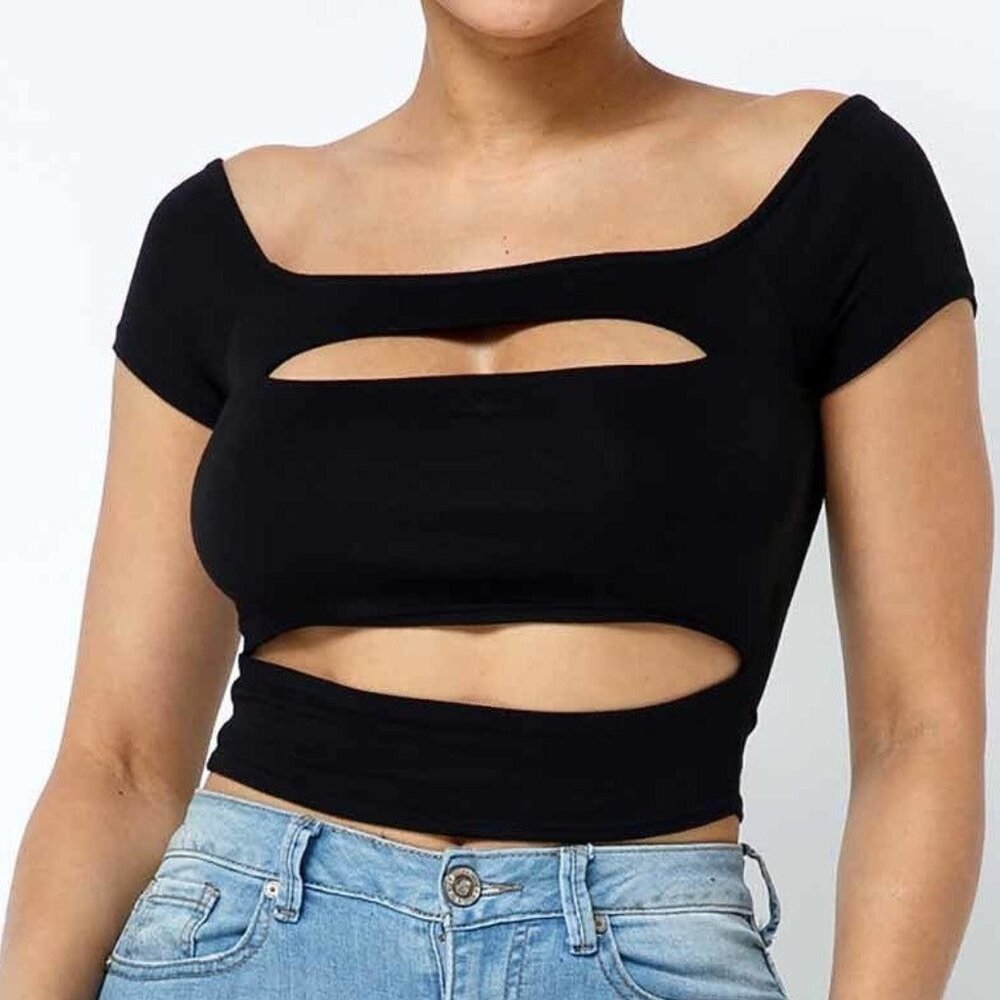 Karrie Off Shoulder Cut Out Crop Top ( Black)